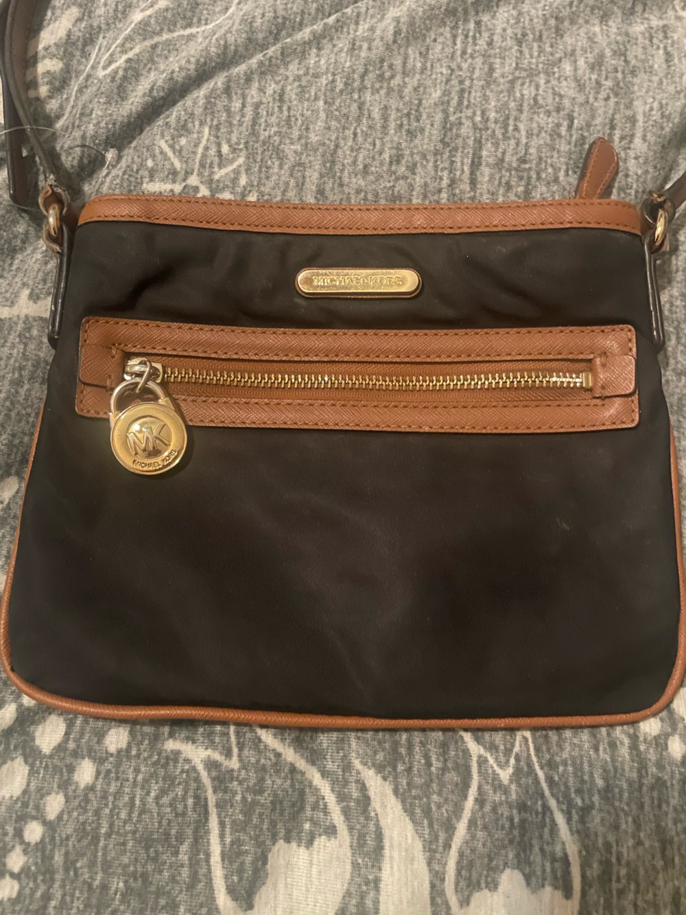 Michael Kors Black Crossbody with Brown Trim and Gold Hardware